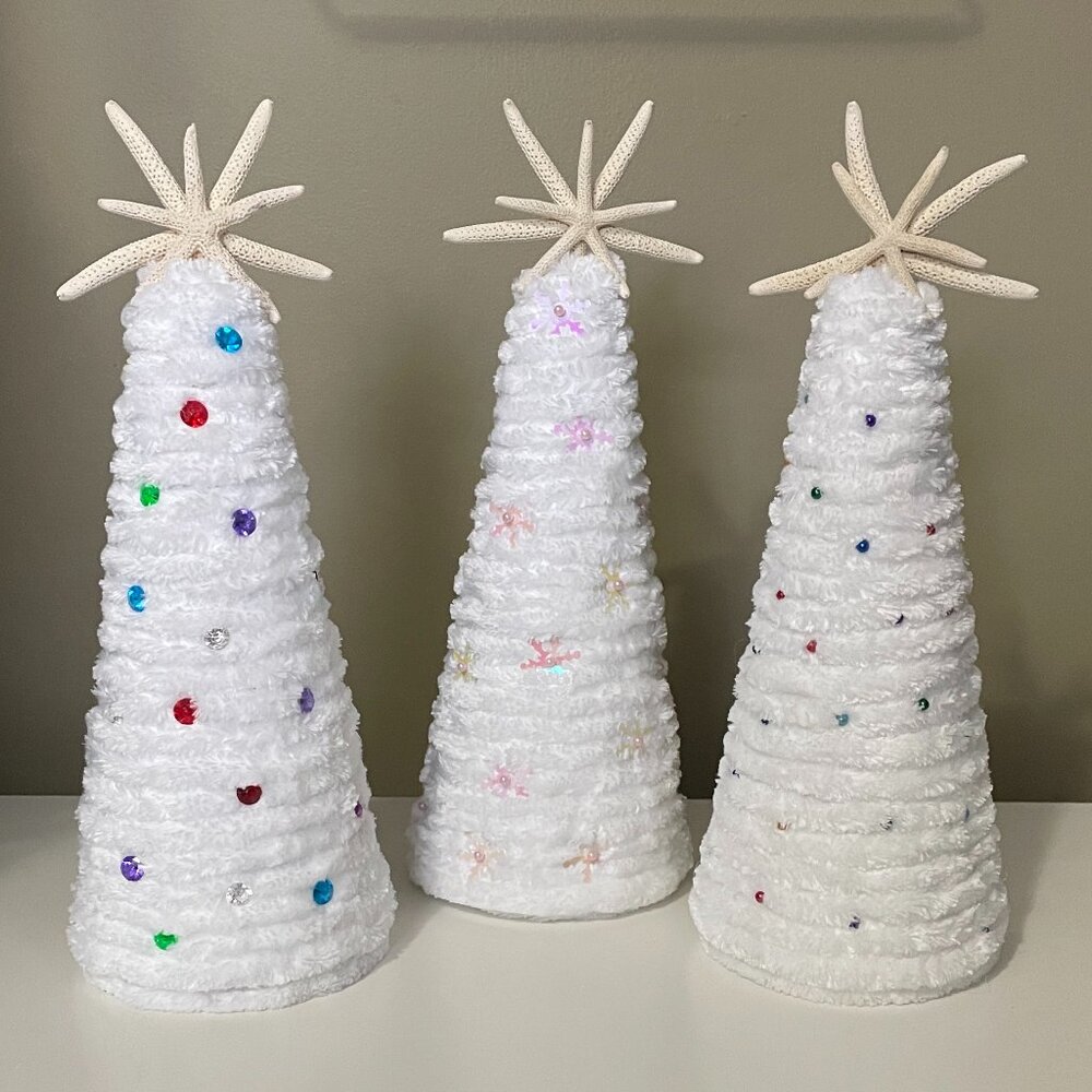 Set of 3 Handmade White Christmas Trees-Starfish Christmas Trees